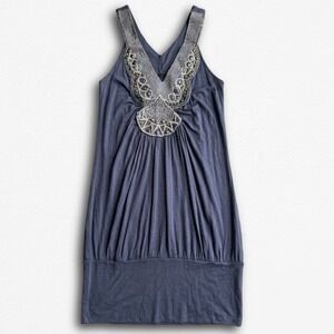 Pop Y2K Beaded Sequin V-Neck Mini Dress Charcoal Gray Juniors L Sleeveless Boho